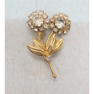 Fashion Gold Tone Clear Crystals Double Flower Brooch 2" x 1.25"